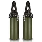 Volhoply 1200ml Trinkflasche Edelstahl Zwei Packungen,Doppelwandig Vakuum Isolierte Thermosflasche mit Paracord-Griff,Metall Bottle,BPA-Frei Thermoskanne für Sport, Schule,Outdoor(Armee Grün,2 Set)