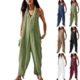 Jumpsuit Damen Sommer Lang - Latzhose Neckholder Overall V-Ausschnitt Einteiler Ärmellos Schulterfrei Playsuits Baumwolle Lenien Sommerhose Teenager-Mädchen Bib Pants Strand Strampler