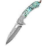Klappmesser Bunt Damast Taschenmesser aus Damaststahl Muschel Damaszener Klein Outdoor edc messer Survival Tanto Jagdmesser scharfes Einhandmesser/clip,Geschenk für Männer