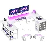 ODK Eckschreibtisch mit 4 Schubladen&Stauraum, Reversible Eckschreibtisch mit 2 Steckdosen und 2 USB Ladeanschluss, Gaming Schreibtisch mit LED&Monitorständer für Home Office, 167×102cm, Alles Weiß