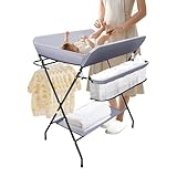 MEELRYD Baby Wickelkombi, Klappbar Wickelkommode, Mobiler Wickeltisch mit Wickelauflage, Sicherheitsgurt und Ablagefächern, max. Belastung 25 kg, platzsparend & stabil (Dunkelgrau)