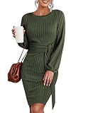 Hotouch Strickkleid Damen Langarm Rundhals Pulloverkleid Casual Gestrickt Herbstkleid Einfarbig Figurbeton Midikleid Herbst Kleider Weihnachtskleid Armeegrün M