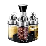Mlici Gewürzgläser Set mit Drehteller Organizer - 6 Stück 100ml Rund Gewürzdosen aus Glas - Gewürzflasche mit 3 Verschiedenen Ausläufen für Salz, Pfeffer, Essig, Öl, Gewürze, Paprika