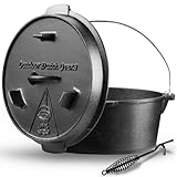 Dutch Oven, Dutch Oven 9 liter, Eingebrannter Feuertopf mit Deckelheber, Gusseiserner Feuertopf mit Doppelfunktions-Deckel, Für Outdoor and Indoor, Schwarz