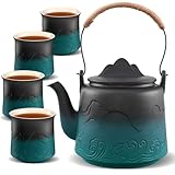 ZENS Design Japanische Teeservice,1000ml Gradienten Geprägtem Japanische Teekanne mit 4 Tassen Set, Hanfseilgriff Teeset mit Eingebautes Sieb für Weißer Losen Tee Steeper, Schwarz & Grüner