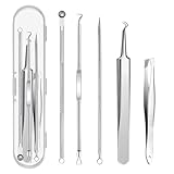 maxtachi 6 Stück Mitesserentferner Komedonenquetscher Set, Hochwertiges Edelstahl Pickel Ausdrücken Werkzeug mit Pinzette & Organizer, Blackhead Remover für Mitesser Pickel Whiteheads Akne