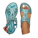 Sandalen mit Absatz, Sandalen Damen Sommer Elegant Boho Flache Sandalen mit Strass Glitzer T-Riemen Sommerschuhe Flip Flops Weichen Sohlen Bequem Sandaletten Freizeit Gummiband Slingback