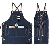 Schürze mit Taschen für Männer Frauen, Koch, Kellner, Künstler, Arbeitsschürzen für Grill, Küche, Restaurant, Bar, Geschäft, Blau 44, Large