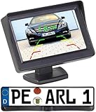 Lescars Rückfahrkamera kabellos: Funk-Rückfahrkamera in Nummernschildhalter m. Monitor & Abstandswarner (Wohnwagen, Funk Nummernschild, Lautsprecher)