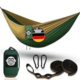 Monkey Swing Hängematte Ultraleicht inkl. Karabiner & Schwerlastgurten (bis 300  kg belastbar, 275 x 140 cm) – ideal für Camping, Outdoor, Trekking & als Reisehängematte (Grün/Khaki)