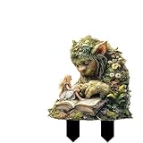 skyrabbiter Garten-Dekostecker Märchenhafter Troll mit Buch, 23 x 30 cm, Wetterfeste Gartenornamente, dekorative Skulpturen für Gärten, Terrassen-Dekorationen, für Hausgarten-Verschönerungen (A)