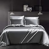 YASMENG Satin Bettwäsche 220x240 Dunkelgrau Hellgrau Bettbezug Set Deluxe Seide Bettwäsche Satin Glatt Glänzend Seidig Satin Wendebettwäsche 3 Teiling mit Reißverschluss und 2 Kissenbezüge 80×80 cm