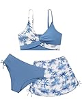 3-teiliges Bikini-Set mit Knoten, mit Röcken, Spaghettiträgern, Strand-Badeanzug, Bademode, Mädchen-Badeanzug, Badeanzüge, Größe 8, 9, 10-12, 12-14, 15, 16 Jahre, Blau + Kokosnussbaum, 11-12 Jahre