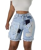 TACSTRUN Jean Shorts Damen Hohe Taille Elastische Gedruckt Patches Distressed Gezeichnet Waschen Casual Denim Shorts,Blau,L