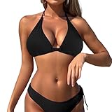 Sahunfri Bikini Oberteil Damen Große Brüste Push Up String Bikini Triangel Top,V-Ausschnitt, Rückenfrei Swimsuit Bra (DE/NL/SE/PL, Alphanumerisch, XL, Regular, Regular, Schwarz)