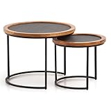 KADIMA DESIGN Couchtisch 2er Set Mango Massivholz/Steinoptik Wohnzimmertisch Rund | Satztisch mit Metallgestell | Kaffeetisch Modern | Sofatisch Verschachtelungstisch 2-teilig Braun/Anthrazit