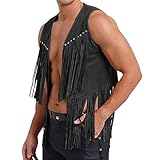 Foweknow Weste Herren Western Cowboy Weste Mit Fransen Wildleder Vorne Offen Jacke Karneval Cosplay Kostüm Faschingskostüm Retro Hippie Outfit Disco Party Outfit Performance Kostüm