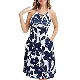 JOYSHAPER Integriertes BH-Sommerkleid, lässiges Strandkleid, fließendes Neckholder-Kleid mit Taschen, Marineblaue Blume, Mittel