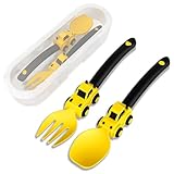 Silikon Baby Besteckset, Baby Besteckset ab 6 Monate, 2-Teiliges Baby LöFfel und Gabel Esslernbesteck, Baby Led Weaning Zubehör, LernlöFfel Baby mit Aufbewahrungsbox (Gelb)