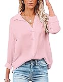 NONSAR Damen Bluse V-Ausschnitt Hemden Elegant Langarm Casual Arbeit Oberteile mit Knöpfen Tops Langarmshirt(9328L,Rosa)