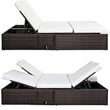 Casaria® Sonnenliege 2 Personen mit Klapptisch 7cm Auflagen Wetterfest Gartenliege 400kg Belastbar Liegestuhl Verstellbar Braun Creme 196x116cm