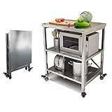 AMSXNOO Arbeitstisch Edelstahl, 3 Ebenen Faltbar Servierwagen Edelstahl Rollwagen Küchentisch mit 4 Rollen Edelstahltisc Lebensmittel Zubereitungstisch Mikrowellenhalter platzsparendes für Küche