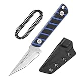 Gürtelmesser Klein, Neck Knife, Mini hals messer mit kette, 5.5 cm Klingenlänge, 5Cr13MoV Stahl, Jagdmesser scharfes, G10 Griff, Feststehendes Messer mit Kydex-Scheide und Kugelkette (Schwarz & Blau)