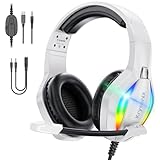 Krysenix PG1 RGB Gaming Headset für PS4, PS5, PC, Nintendo Switch, Xbox, Headset mit LED und Gaming Kopfhörer mit Mikrofon, Noise Cancelling Kopfhörer mit 3.5mm Klinke Schwarz-Matte Weiß