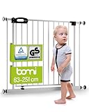 BOMI TÜV GS Siegel Türschutzgitter XXL Merle | Ohne Bohren | 90° Stop | Schließt automatisch | Tuerschutzgitter weiß Metall Selbstschließend | Treppengitter zum Klemmen für Baby | Breite: 73-81 cm