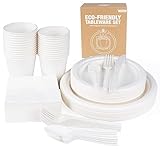 Anstore 200 Stück Teller und Besteck Set Partygeschirr Kompostierbar Ökologisch Pappteller und Besteckset, Umweltfreundlich Party und Picknick Set inklusive Teller, Löffel, Gabel, Messer, Trinkbecher