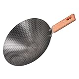 BEBEMOKO Camping Wok Round Bottom Wok Small Wok Work on Griddle Camping Cookware Non Stick Frying Pan Dish Pan Chinese Wok Pan Iron Wok Home Wok Kitchen Frying Pan Wok for Stoves Wood Grey