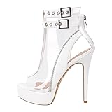 blingqueen Damen Peeptoe Sandaletten Transparente Stiefeletten Plateau Stiletto Schaftsandalen mit Riemen Schnallen Weiß 39 EU