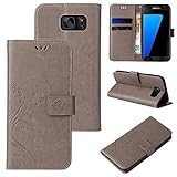 LBH Handy Hülle für Samsung Galaxy S7 Edge Case Handytasche Schmetterling Blumen Flower Standfunktion Schutzhülle Magnet Rundum Schutz 360 Grad Flipcase Cover Grau