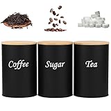 shaojian Kaffee-/Tee-/Zuckerdosen-Set aus schwarzem Metall, mit luftdichtem Bambusdeckel und Namensmarkierung, einfaches Design, Küchen-Frischhaltedosen (schwarz, Zylinder), 3 Stück
