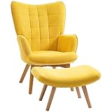 HOMCOM Sessel mit Hocker, Ohrensessel mit Hoher Rückenlehne, Holzbeine, Loungesessel mit getuftetem Design, Cord-Optik, für Wohnzimmer, Gelb