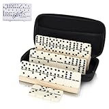 LOVITERRA Doppeltes Domino-Set für Erwachsene, langlebige Dominosteine mit 28 Spielsteinen, mit 4 Holzregalen und Tragetasche, klassische Brettspiele, tragbares Reisespiel