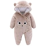 JiAmy Baby-Overall Baby-Strampler Flanell Winter-Strampelanzug mit Füßchen Kapuze Cartoon,Khaki 6-9 Monate