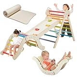 EROMMY 5 in 1 Kinder Klettergerüst mit Matte, Regenbogen-Indoor Klettergerüst, stabiles faltbares Kletterdreieck mit doppelseitiger Rutsche für Kinder ab 3 Jahre