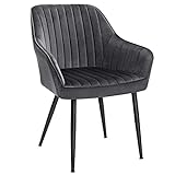 SONGMICS Esszimmerstuhl, Sessel, gepolsterter Sitz, mit Armlehnen, Sitzbreite 49 cm, Metallbeine, Bezug aus Samt, Belastung 110 kg, für Wohnzimmer, Schlafzimmer, Grau LDC087G01
