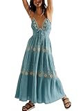 Damen-Sommerkleid, Neckholder, V-Ausschnitt, ärmellos, Blumenmuster, fließend, A-Linie, Boho, rückenfrei, gestuft, Swing, langes Strandkleid, blau, Medium