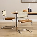 Zouron Esszimmerstühle Rattan Stuhl Schwingstühle 2er Set - mit Eichenholz Kunstleder Küchenstuhl Freischwinger Stühle Polsterstuhl Natur geflochtene Rattan Rückenlehne Chrom Metallbeine