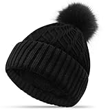 FORVEVO Mütze Damen Winter, Beanie Damen mit Fleece Gefüttert, Warme Wintermütze, Strickmützen mit Bommel für Outdoor Laufen Skifahren (Schwarz)