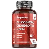 Glucosamin Chondroitin & MSM - 180 Kapseln - Vitamin C trägt zur normalen Kollagenbildung für Knochen & Knorpelfunktion bei (EFSA) - Mit Kurkuma & Hyaluronsäure - WeightWorld