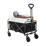 Faltbarer Bollerwagen, Strand Handwagen mit Getränkehalter Verstellbarem Griff, Handwagen vielseitig einsetzbar, Gartenwagen, bis 80kg Belastbarkeit, für Draussen Camping Einkaufen, Schwarz