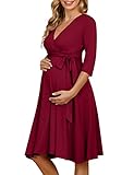 KOJOOIN Damen Umstandskleid Schwangerschafts Kleid für Schwangere Stillkleid V-Ausschnitt Langarm mit Taillengürtel（Verpackung MEHRWEG） Weinrot M