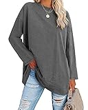 Ebifin Oversize Langarmshirt Damen Longshirt Rundhalsausschnitt Oberteil Langarm T Shirts Pullover Basic Tunika Tee Tops.Dunkelgrau.XL