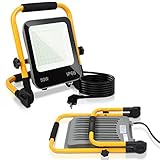Izrielar LED Baustrahler, 50W 5100LM Arbeitsleuchte LED Fluter, Austellenlampe Strahler, IP66 Wasserdicht, Tragbar Arbeitsscheinwerfer 6000K Kaltweiß Baulampe Werkstatt, 3M Kabel, Faltbarer Ständer