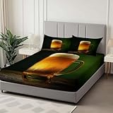 Dunkelgrün Spannbettlaken Set 200 x 200 cm, Surrealistisches Bier Bedrucktes Weiches Spannbetttüche, Microfaser Atmungsaktiv Bettwäsche Tiefe Tasche 30 cm mit 2 Kissenbezügen