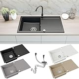 Faizee Home | Granitspüle 90x50 cm – Reversibles Spülbecken mit Abtropffläche inkl. Siphon & Drehexzenter | Kratzfest, hitzebeständig & für 45 cm Unterschränke (Schwarz Gesprenkelt)