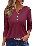 Onsoyours Shirt Damen 3/4 Arm V-Ausschnitt Knopfleiste Tshirt Einfarbig Leichte Tops Klassische Oberteil Basic Shirt A Weinrot XL